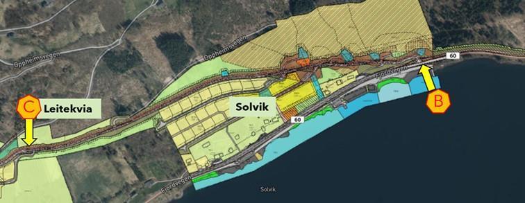 Illustrasjon av vegen og området. - Klikk for stort bilete
